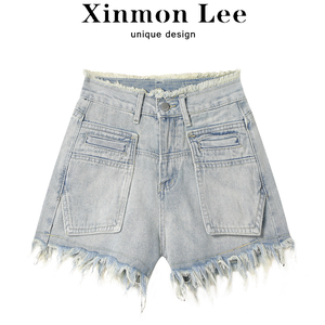 XinmonLee小众设计感毛边直筒牛仔裤子女夏新款高腰显瘦百搭短裤