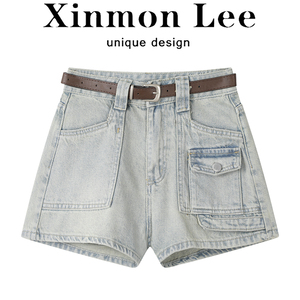 XinmonLee气质休闲浅色复古牛仔裤夏季新款女高腰A字阔腿显瘦热裤