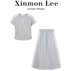 XinmonLee条纹正肩圆领短袖T恤夏季女两件套装高腰休闲A字中长裙