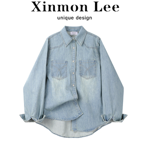 XinmonLee韩系早春穿搭牛仔浅蓝衬衫女气质别致百搭休闲法式外套