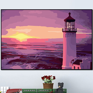 diy丙烯画灯塔风景大海手工手绘数字油彩画涂鸦休闲小屋装饰绘画