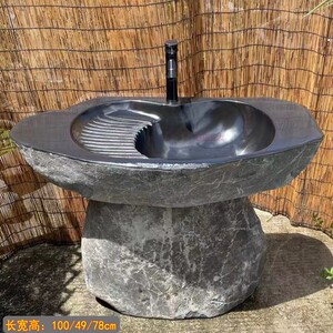 天然黑端砚石材洗手盆分体式立柱盆阳台庭院户外复古洗手池洗手台