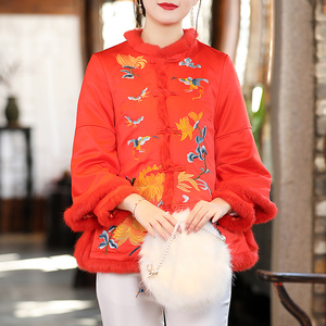 唐装棉服女短款冬季加厚复古刺绣旗袍棉袄中式绣花中国风棉衣外套