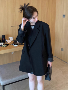 韩版宽松休闲设计感小众廓肩形垫肩中长款黑色西装西服外套女春季