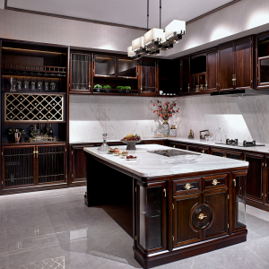 轻奢乌金木橱柜岛台新中式奢华实木定制高端别墅豪宅厨房家具组合
