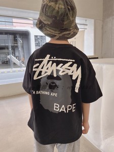 日本潮牌bape童装夏季新款猿人头男女中大童纯棉字母印花短袖T恤