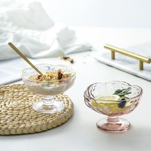冰淇淋杯雪糕杯玻璃家用创意甜品碗沙律碗高脚刻花浮雕复古沙拉杯