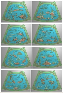 精品海草螃蟹龙虾海鱼海鲜圆台面板8件 精雕图 浮雕图 木雕 餐桌