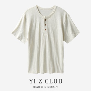 Yi Z CLUB 复古风棉麻竹节平纹布亨利领短袖T恤春夏男女情侣装0.2