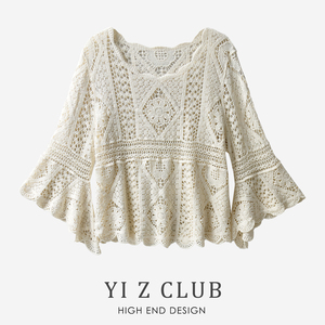 Yi Z CLUB 性感镂空透视7分荷叶袖钩花蕾丝罩衫上衣春夏女装0.19