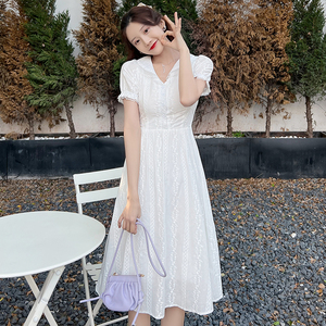 白色纯棉蕾丝连衣裙女夏季短袖大码胖mm法式刺绣镂空晚装礼服裙子