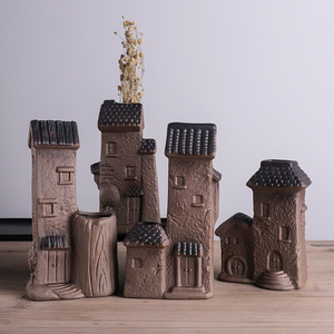 中式禅意陶瓷花瓶创意土楼房子小摆件装饰品绿萝花器仿古张海洋709