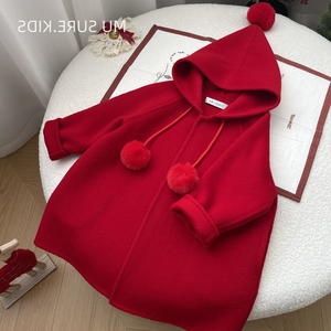 韩版女宝宝羊毛呢小红帽款双面呢大衣可爱精灵帽A字连帽圣诞外套
