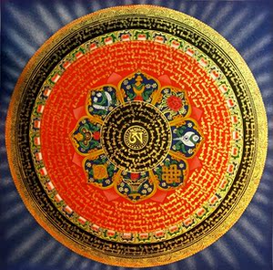 尼泊尔手绘唐卡六字真言坛城咒轮图观音心咒唐卡挂画客厅玄关唐卡