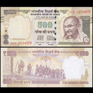 全新unc 印度500卢比 纸币 2016年 圣雄甘地 外国钱币收藏保真
