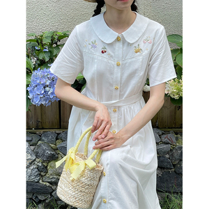 七与珍珠原创自制《半夏》纯白色小清新森系娃娃领可爱刺绣连衣裙