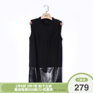 奈*专柜正品折扣品牌女装秋冬涂层pu仿皮羊毛无袖连衣裙5g610303