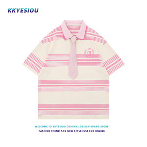 KKyesiou美式复古潮牌条纹学院风POLO衫男女粉色趣味情侣短袖T恤