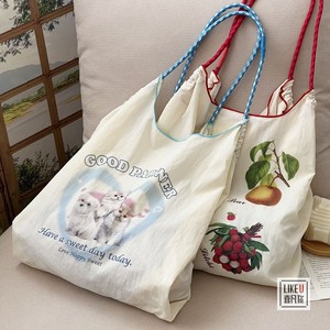 原创夏季韩版ins复古猫咪帆布袋水果印花环保单肩出游手提沙滩包