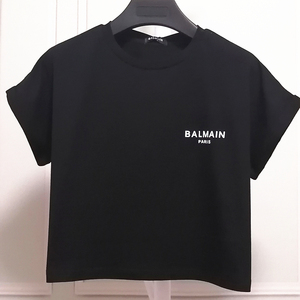 巴尔曼女装22新款包袖小字母logo植绒BALMIAN短款圆领直筒T恤上衣
