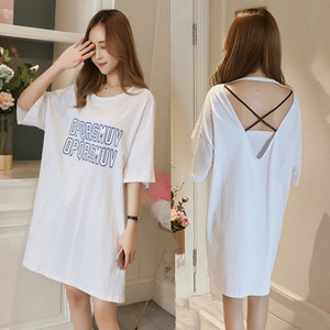 大码女装胖mm夏装后背交叉系带漏背短袖t恤宽松性感露背上衣200斤