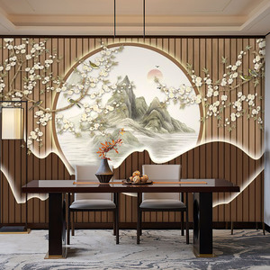 新中式电视背景墙壁纸客厅办公室花鸟山水画墙纸沙发影视墙布壁画