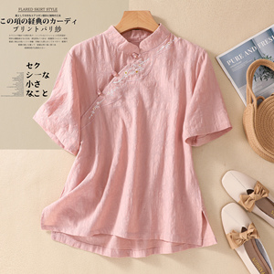 日本高端外贸出口夏季中国风文艺立领斜襟棉麻短袖刺绣禅茶衬衫女