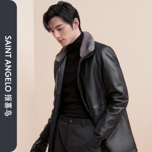 售报喜鸟冬季新款男休闲翻毛领中长款皮衣白鸭绒保暖时尚外套男