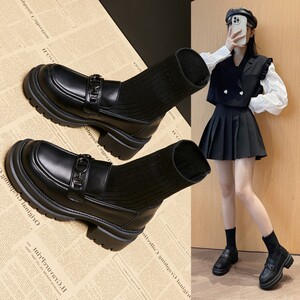 夏秋季新款英伦厚底内增高连袜小皮鞋女黑色弹力袜马丁靴高跟短靴