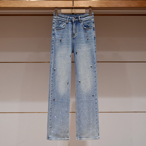 直筒牛仔裤女士冬卓雅2024夏季新款设计感水钻星星高腰蓝色长裤子