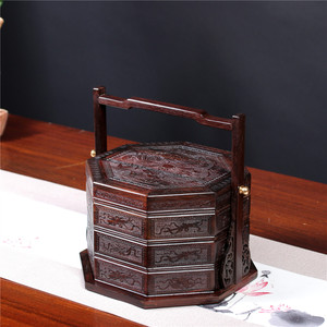 大红酸枝手提篮红木中式干果盘点心餐盒实木质复古风食盒多层古典