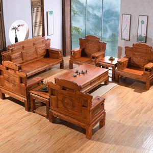 中式实木沙发木头沙发组合榆木格木电视柜农村客厅全套木质家具