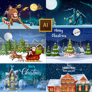 圣诞节平安夜贺卡邀请函夜景精美卡片插画海报背景AI设计素材模板