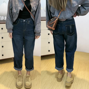 高腰弹力九分哈伦牛仔裤女2023年春季新款卷裤脚显瘦老爹直筒裤子