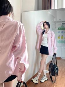 韩系温柔坚条纹衬衫女2024春季新款小众减龄宽松休闲粉色长袖衬衣