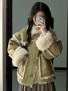 羊羔毛棉服外套女冬季2024新款美式pu皮设计感小众宽松加厚棉衣潮