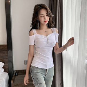 女人味吊带一字肩上衣夏季精致性感女装修身短袖露肩高级感t恤女