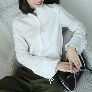2017秋装新款气质木耳边休闲宽松立领白色衬衫女纯棉衬衣长袖百搭