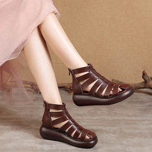 罗马鞋女夏季2021新款真皮坡跟凉鞋女松糕厚底百搭镂空休闲女鞋