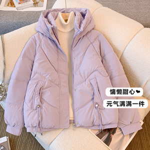 韩系穿搭紫色连帽羽绒棉服女冬季大码胖mm显瘦短款面包服棉衣外套