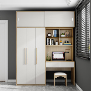 新中式简约电脑桌衣柜一体家用卧室小户型学生写字台学习桌子组合