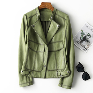 女春秋新款西装领收腰短双拉链洋气绿色长袖真皮夹克外套129人付款
