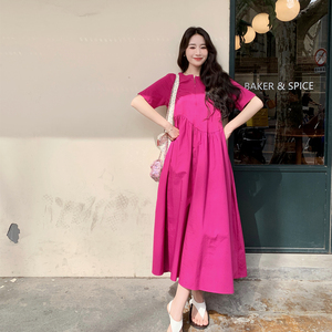 玫粉色连衣裙夏女2024新款法式宽松气质设计感遮肉显瘦长款A字裙