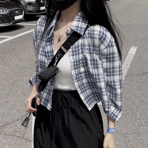 夏季女装韩版批新款发复古宽松格子衬衣长袖防晒短款衬衫薄外套潮