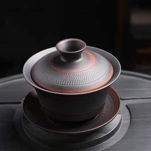 云南建水紫砂盖碗三才盖碗茶杯单个陶瓷茶盏纯手工紫陶茶具主人杯