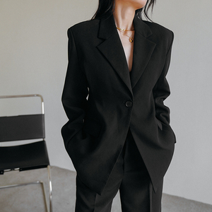 chris小倩 黑海棠>垫肩气质深v低领修身收腰小西装服上衣外套女