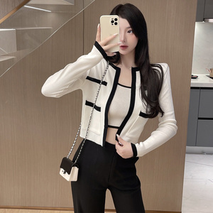 格格家 冬季网红小香风抹胸背心吊带 撞色开衫针织外套上衣两件套