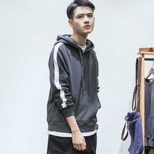 春季新款日系假两件拼色连帽卫衣潮 青年鼠袋兜休闲连帽衫外套 男