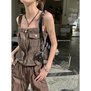 牛仔工装吊带背心女夏季新款美式复古辣妹高街vibe风显瘦短款上衣