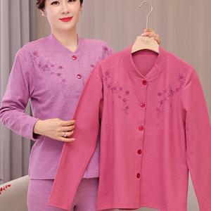 开衫秋衣女士中老年人保暖衣开身系扣上衣妈妈内衣小立领棉毛衫女